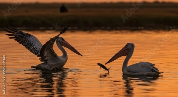 Fototapeta Two pelicans interacting in a lake at sunset, one with outstretched wings and a fish jumping between them.