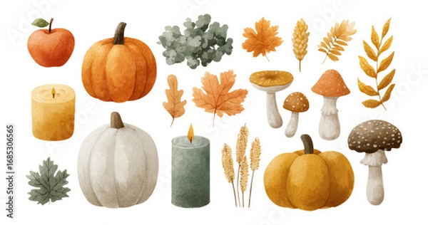 Fototapeta Autumn Elements Collection with Pumpkins, Leaves, Mushrooms, and Candles