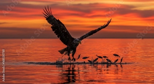Fototapeta An eagle swoops down to catch fish from the water at sunset, creating a dynamic scene.