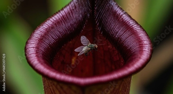 Fototapeta A close-up view of a carnivorous plant with a captured fly inside its trap.