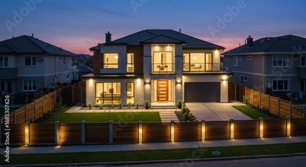 Fototapeta Illuminated modern house with a wooden fence and manicured lawn at dusk, showcasing architectural design and outdoor lighting.