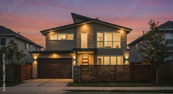 Fototapeta Modern two-story home illuminated at dusk, showcasing architectural design and exterior lighting.