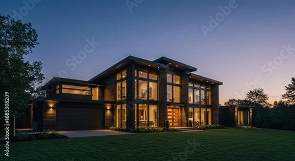 Fototapeta Modern dark-wood luxury home illuminated at dusk, showcasing expansive windows and sleek design.