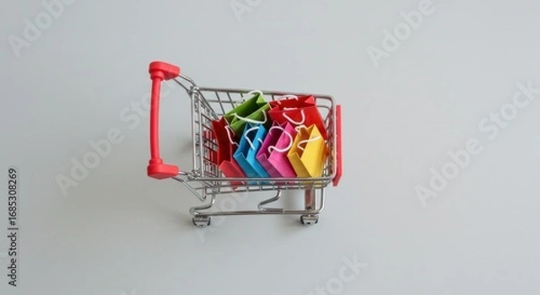 Fototapeta A miniature shopping cart filled with colorful shopping bags on a white surface.
