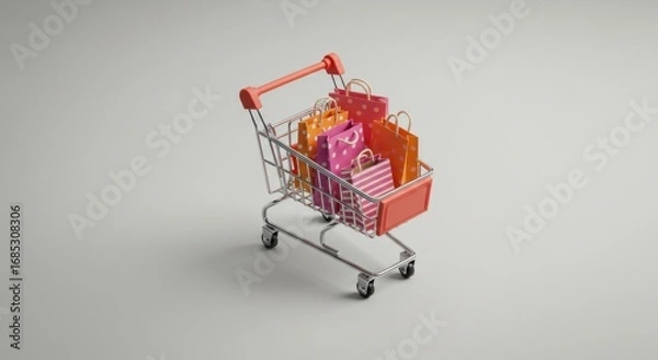 Fototapeta Small shopping cart filled with colorful shopping bags, isolated on a plain background.