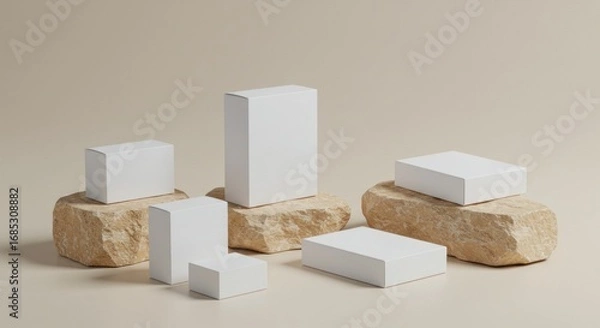 Fototapeta White rectangular blocks are arranged on natural stones against a neutral background, creating a minimalist composition.
