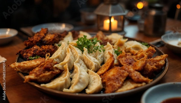 Fototapeta Large Shared Plate of Assorted Gyoza Dumplings