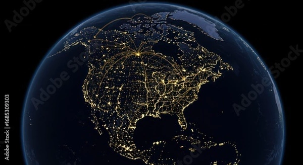 Fototapeta North America at night showing city lights and illuminated areas from a global perspective against a dark background.