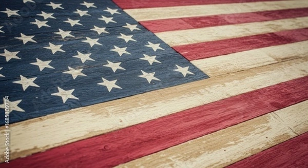 Fototapeta An American flag constructed from wooden planks, showing stars and stripes in red, white, and blue.