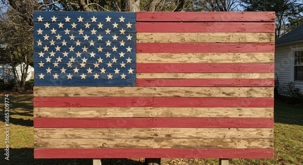 Fototapeta A large, handcrafted American flag constructed from wooden planks, displaying rustic, distressed appearance.