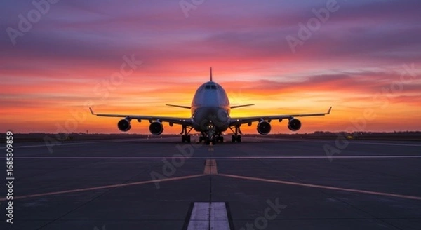 Fototapeta A large passenger airplane sits on the runway, silhouetted against a vibrant sunset sky.