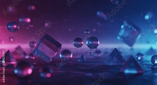 Fototapeta Floating geometric shapes in vibrant neon light, creating an abstract, futuristic scene.
