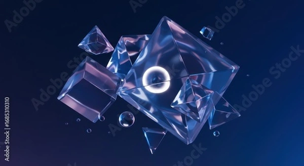 Fototapeta Abstract arrangement of transparent geometric shapes with a glowing sphere at the center, set against a gradient blue background.
