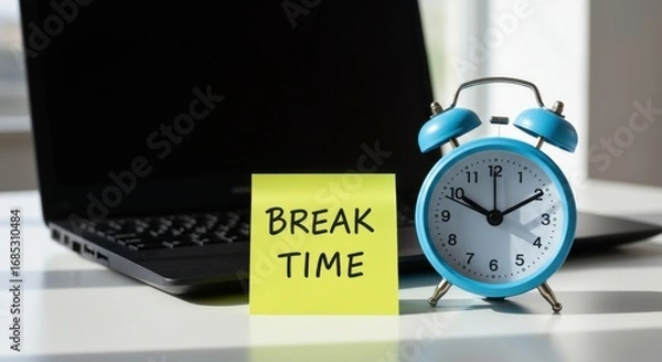 Fototapeta A blue alarm clock signals break time, next to a sticky note and laptop.