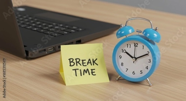 Fototapeta A laptop sits beside a "Break Time" note and a blue alarm clock on a wooden desk.