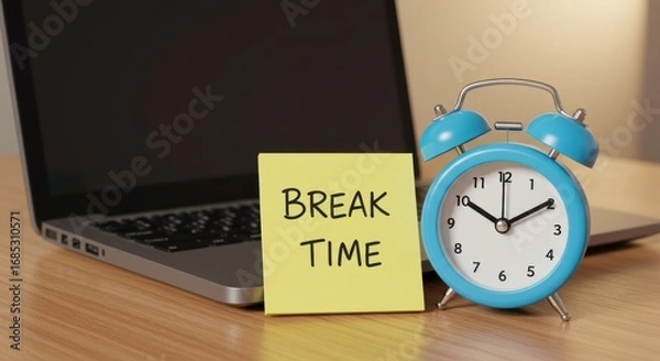 Fototapeta A light-gray laptop, a blue alarm clock, and a yellow sticky note with the words "Break Time" displayed on a wooden surface.