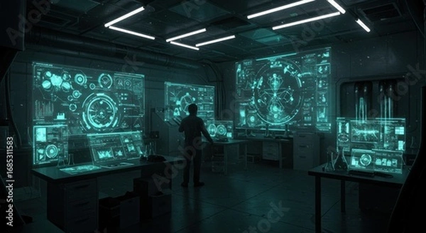 Fototapeta A person stands in a futuristic control room, surrounded by glowing screens displaying complex data.