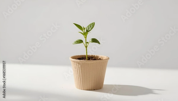 Fototapeta Small Plant Growing in Pot on White Background Simple Studio Shot