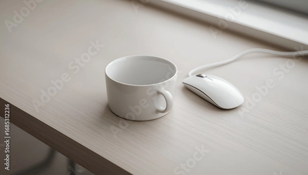 Fototapeta Empty Mug and Mouse on Desk Background Ready for Your Design
