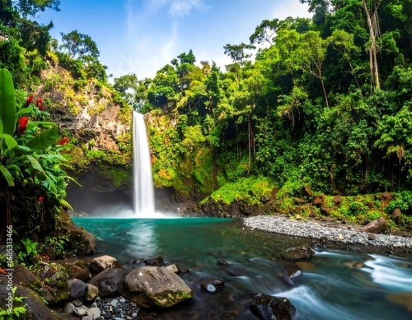 Fototapeta Lush waterfall cascading into a turquoise pool in a tropical rainforest