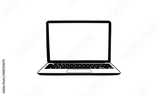Fototapeta Black and white laptop outline drawing with open screen. Vector retro hand drawn illustration