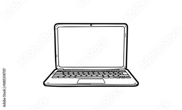 Fototapeta Black and white laptop sketch with blank screen and keyboard details. Vector retro hand drawn illustration