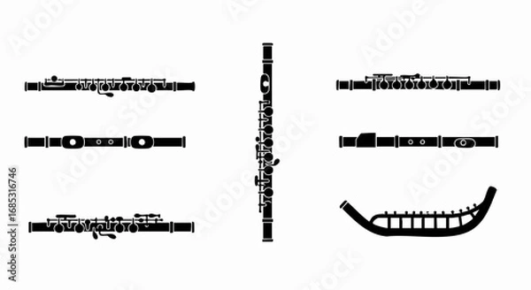 Fototapeta Diverse black silhouettes of woodwind instruments, featuring a range of flutes, fifes, and a distinct multi-pipe wind instrument design.