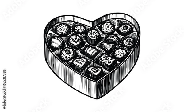 Fototapeta Heart-shaped box of assorted chocolates with decorative designs in black and white. Vector retro hand drawn illustration