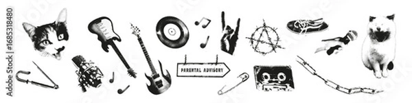Fototapeta Monochrome grunge stickers set with retro stipple photocopy effect. Punk rock elements with cats, guitars, cassette tape and edgy symbols for posters, merch, cover and print design Vector illustration