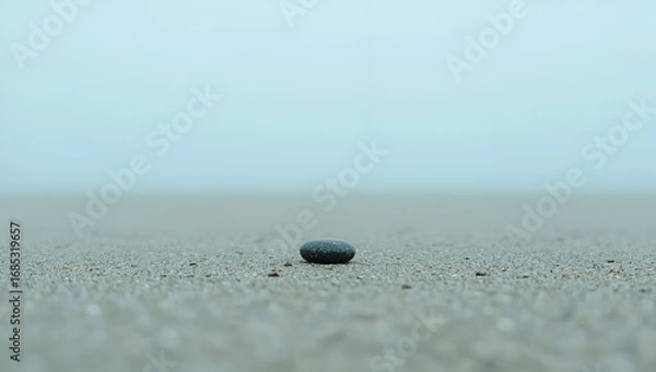 Fototapeta Single Stone on Sandy Beach with Foggy Background in Minimalist Style