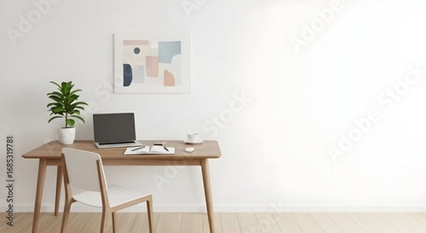 Fototapeta Modern Minimalist Home Office Workspace with Laptop and Decor