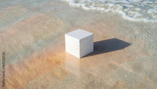 Fototapeta White Cube Standing on a Beach with Gentle Waves Approaching