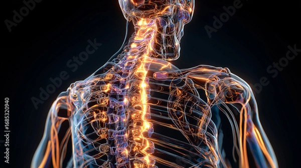 Fototapeta Human skeleton glowing in bright colors, showing detailed bones with futuristic artistic style and anatomical accuracy, generative ai illustration.
