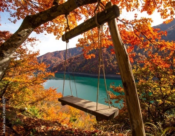 Fototapeta Autumnal swing overlooking a serene lake