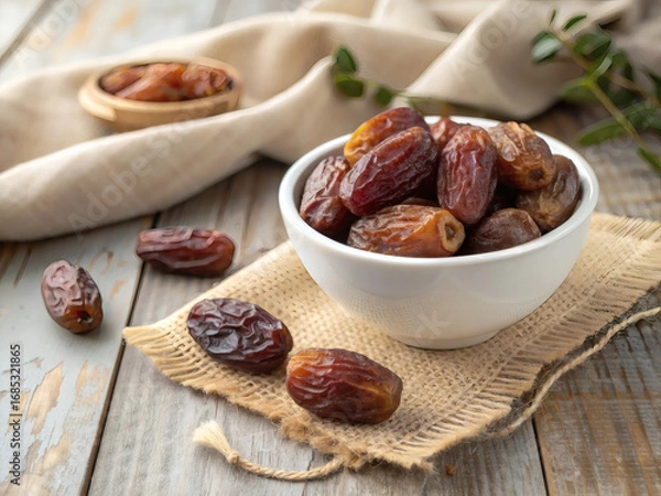 Obraz White ceramic bowl filled with dried dates on wooden table