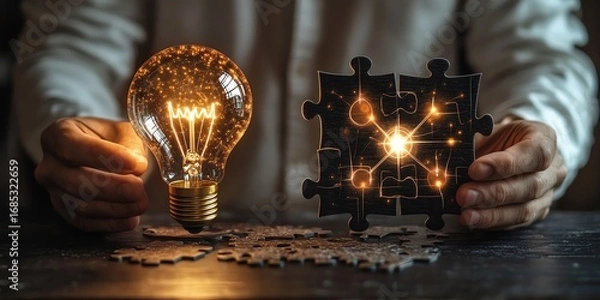 Fototapeta Glowing lightbulb and puzzle pieces. Idea solution concept.