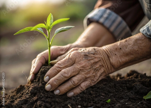 Obraz Elderly hands gently planting a small green seedling in soil