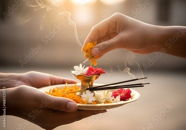 Obraz Hands meticulously arranging fresh, vibrant flowers and incense on an ornate puja thali for a morning Aarti ritual, symbolizing spiritual purity and daily devotion in a sunlit temple courtyard.