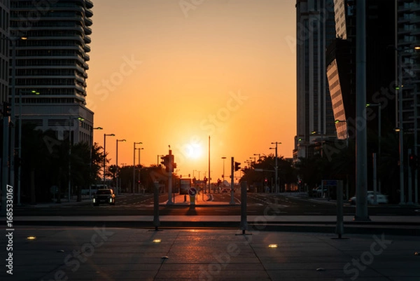 Fototapeta Empty cityscape with no people at the intersection of 5th Avenue and 23rd St in New York City with sunset shining between the background buildings