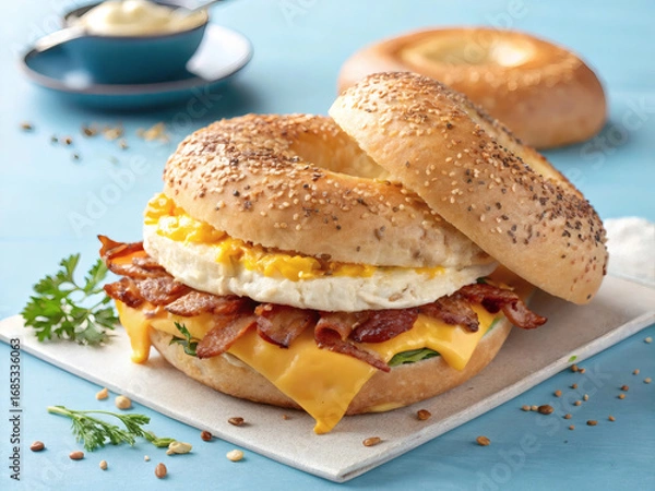 Obraz Bagel sandwich stacked with egg, crispy bacon, and melted cheddar cheese on blue background,