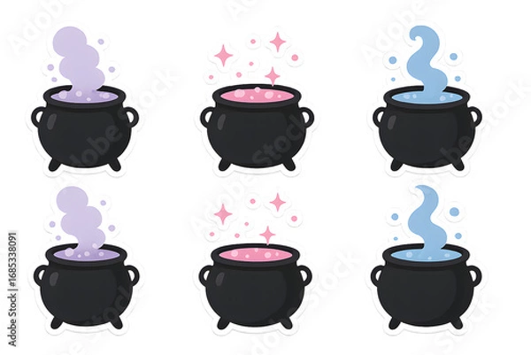 Fototapeta A set of six black pots with different colored liquids inside