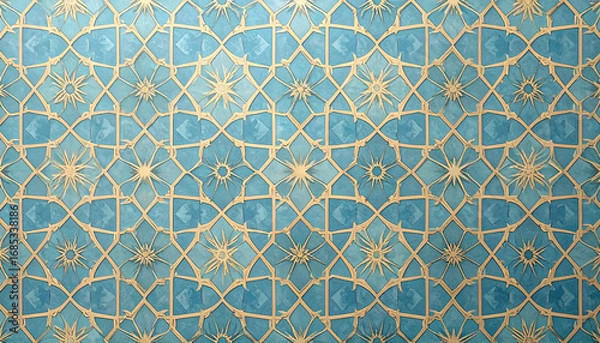 Obraz Ornate blue and gold geometric pattern background with repeating floral and star shapes.