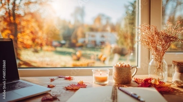 Obraz Cozy autumn atmosphere of home office workspace, panoramic view on sunny day, golden park and leaf fall, mug of cocoa, bouquet of red leaves, candle, school laptop and notebooks on the table