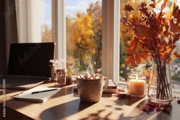 Obraz Cozy autumn atmosphere of home office workspace, panoramic view on golden park in modern city, mug of hot chocolate with marshmallows, bouquet of red leaves, school laptop and notebooks on the table