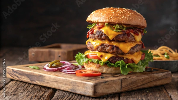 Obraz juicy double cheeseburger with melted cheese stacked on rustic wooden board
