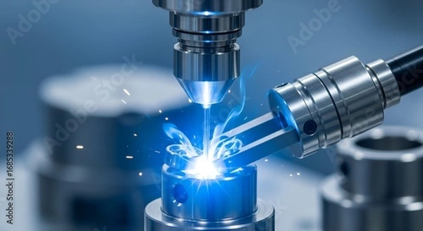 Obraz Extreme macro close-up of a robotic micro-welder fusing polished titanium components with a glowing blue laser, showcasing futuristic precision in a high-tech cleanroom environment.