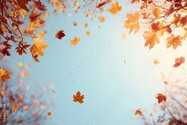 Obraz Autumn Fall Season Banner Background. Empty space for text with autumn leaves, bare branches, and bright blue daylight sky, backdrop for Black Friday sale, Halloween promo, Thanksgiving event