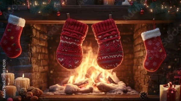 Fototapeta Cozy fireplace with red Christmas stockings and candles creating a festive holiday atmosphere