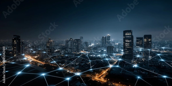 Fototapeta Enhancing cybersecurity infrastructure for critical urban networks city skyline digital connectivity night viewpoint