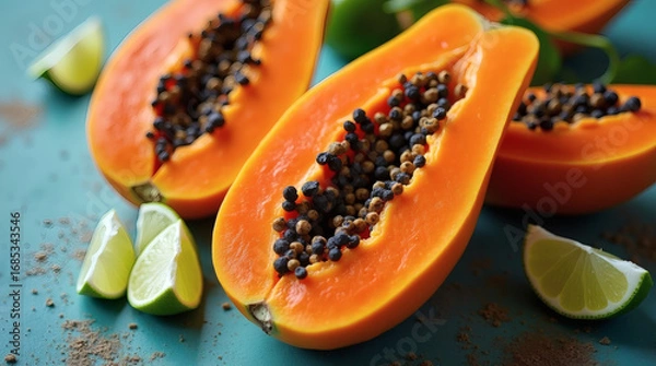 Obraz Fresh sliced papaya with limes arranged on teal textured background